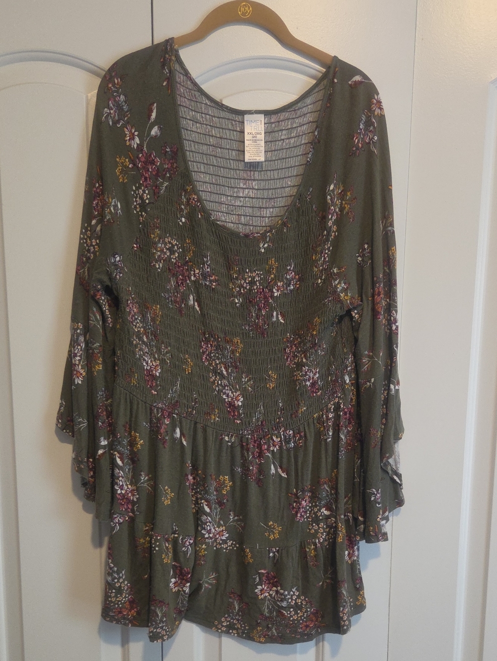Time and Tru Olive Floral Smocked Tunic Top